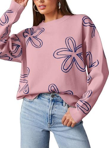 Women's Floral Print Chunky Knit Crewneck Long Sleeve Pullover Sweater