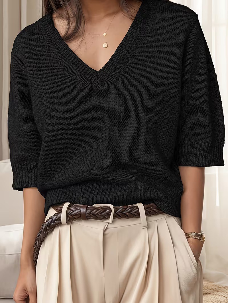 Women's Elegant V-Neck Knit Short-Sleeve Top