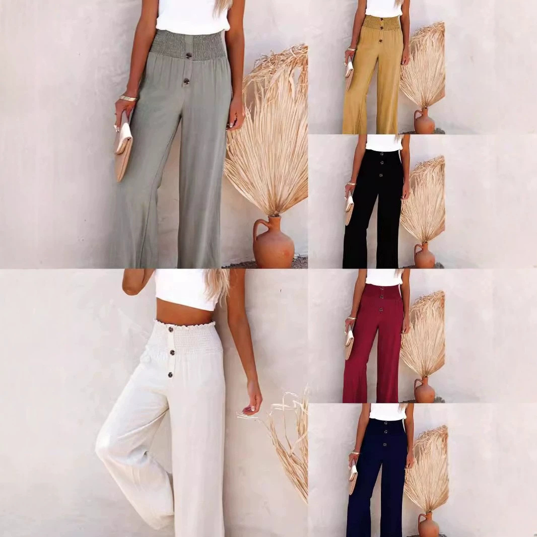 Women's Cotton Linen Wide Leg Pants High Waist Loose Casual