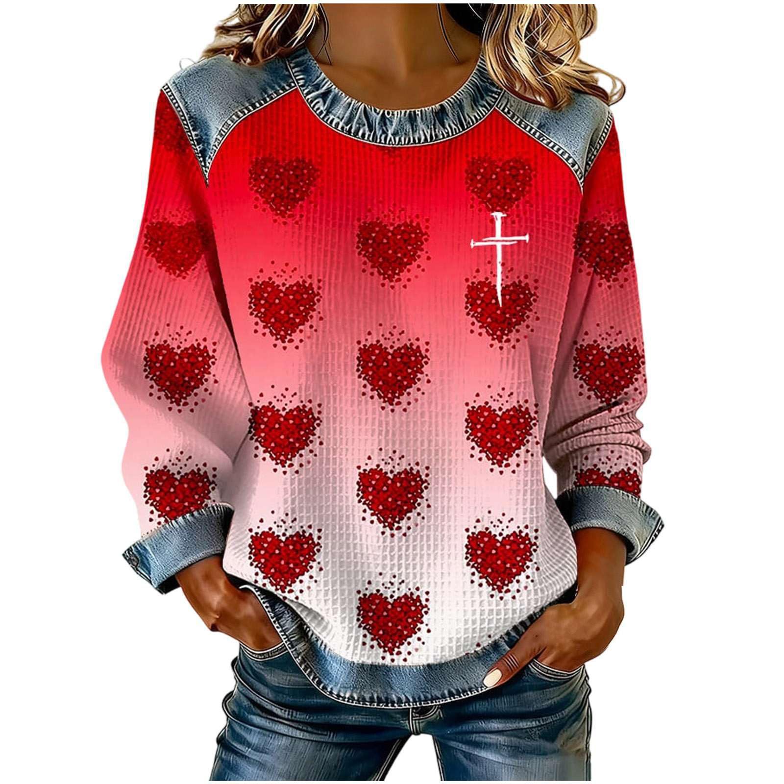 Women's Heart Print Crewneck Sweatshirt