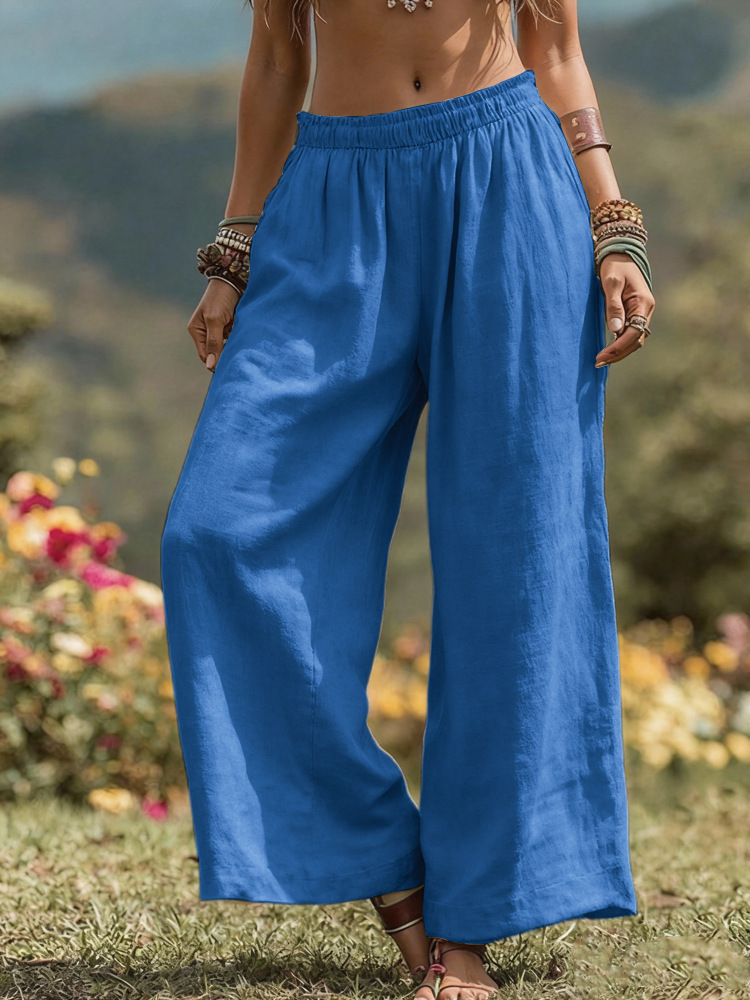 Women's Solid Color Wide-Leg Cotton Linen Pants with Pockets