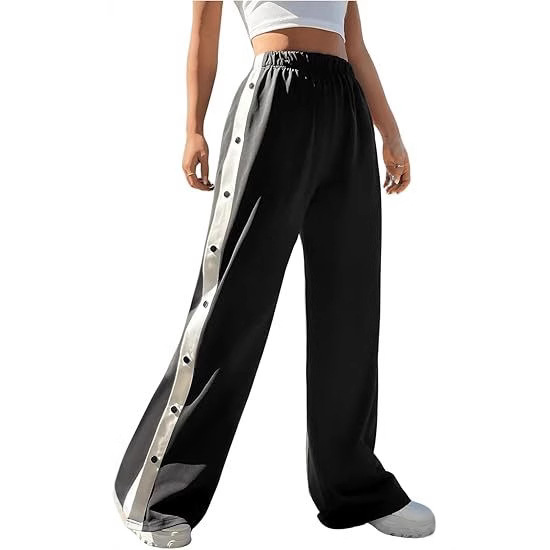 Women's Color-Block Wide-Leg Sweatpants with Button Detail