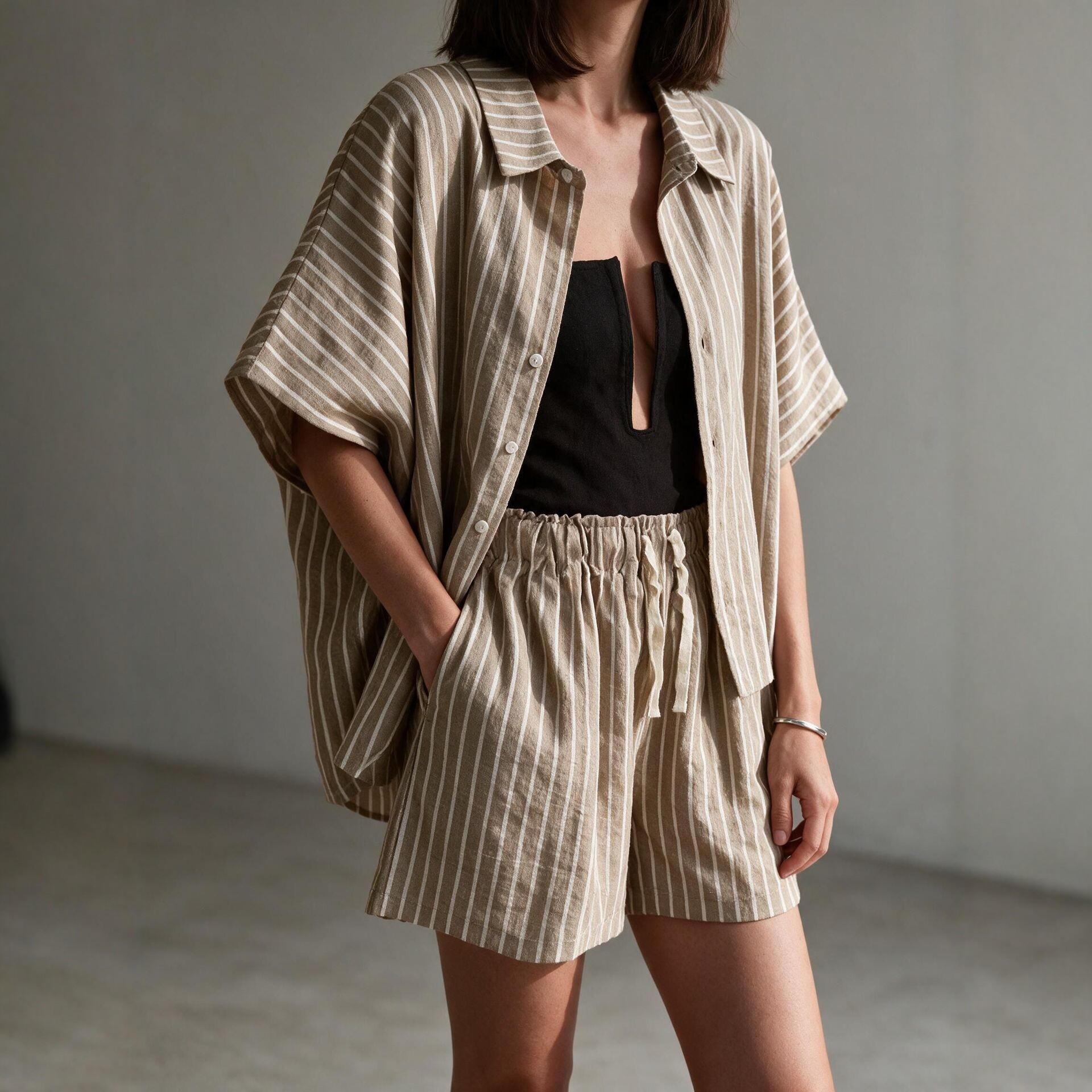 Striped Short Sleeve Shirt and Pocket Shorts Casual Two-Piece Set
