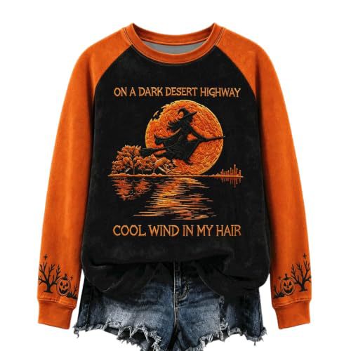 Halloween Witch Castle Print Crewneck Long Sleeve Pullover Sweatshirt
