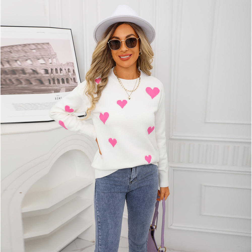 Long Sleeve Heart Embroidered Loose Knit Sweater