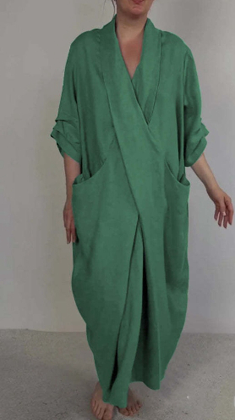 Women's V-Neck Split Hem Casual Dress Solid Color Loose Fit Long Dress
