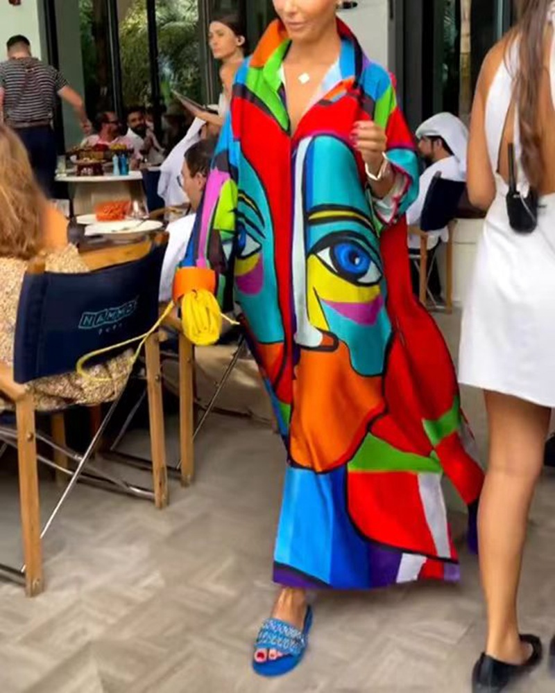 Women's Loose Colorful V-Neck Button Long Sleeve Dress