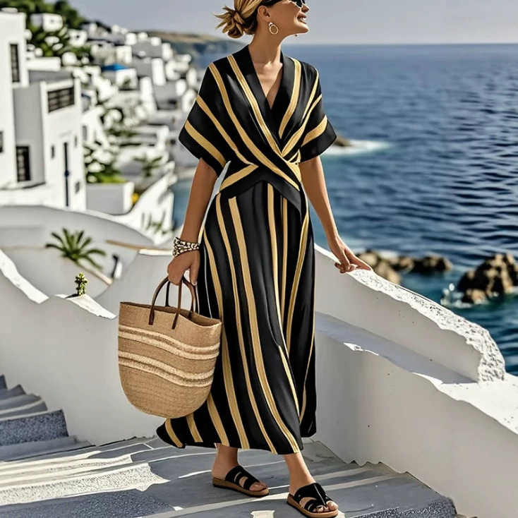 Women's V-Neck Short Sleeve Pleated Maxi Dress Summer Vacation