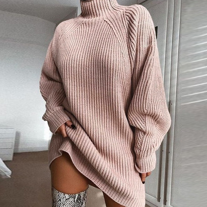Women's Solid Knit Sweater Dress with Raglan Sleeves and Half Turtleneck, Mid-Length