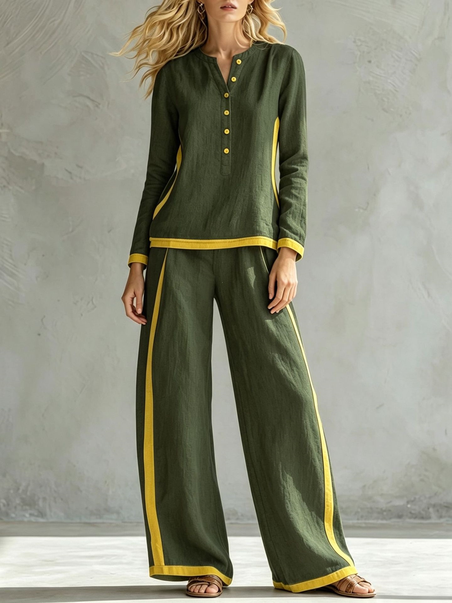 Women's Colorblock Buttoned Half Cardigan & Wide-Leg Pants Set