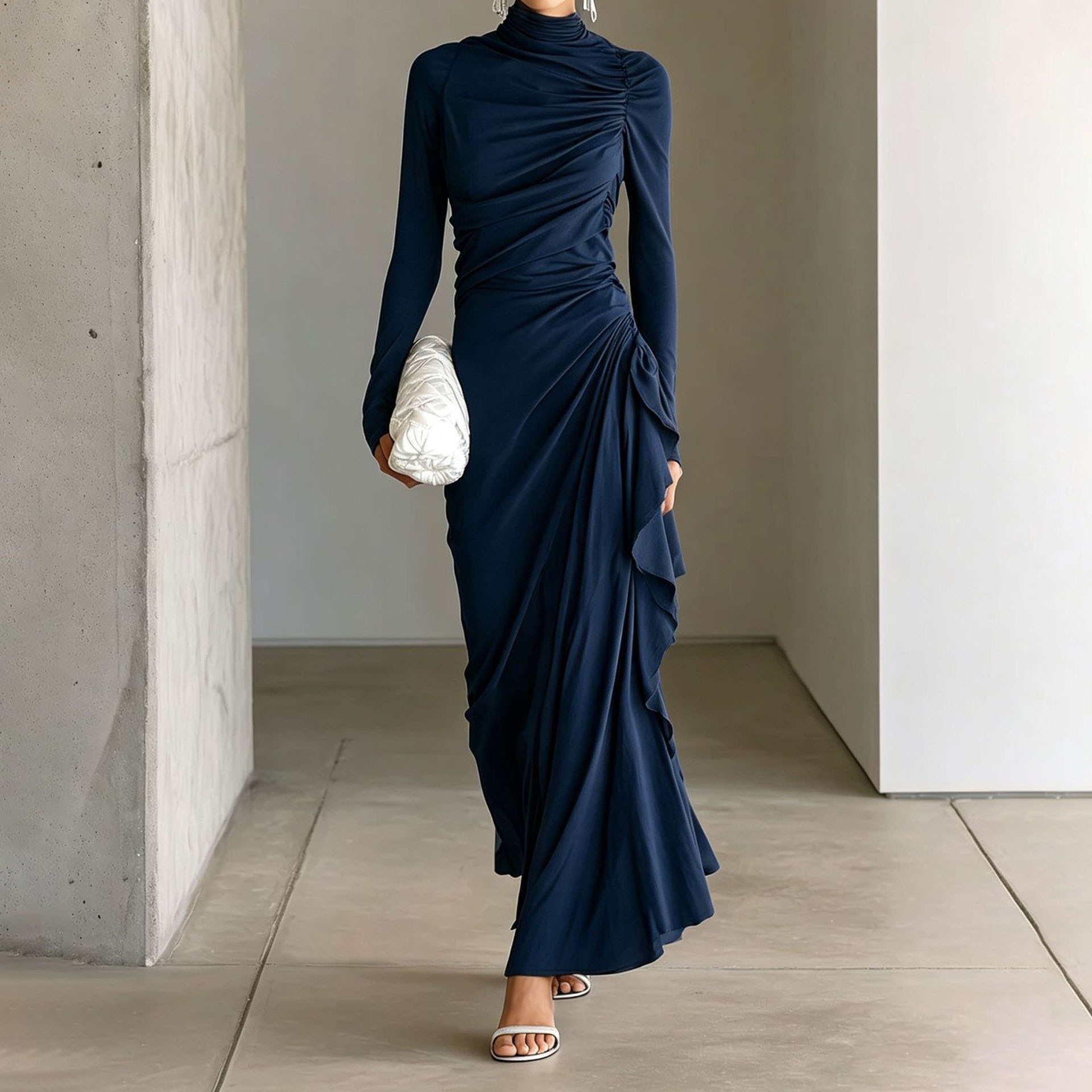 High-Neck Ruched Bodycon Long-Sleeve Dress