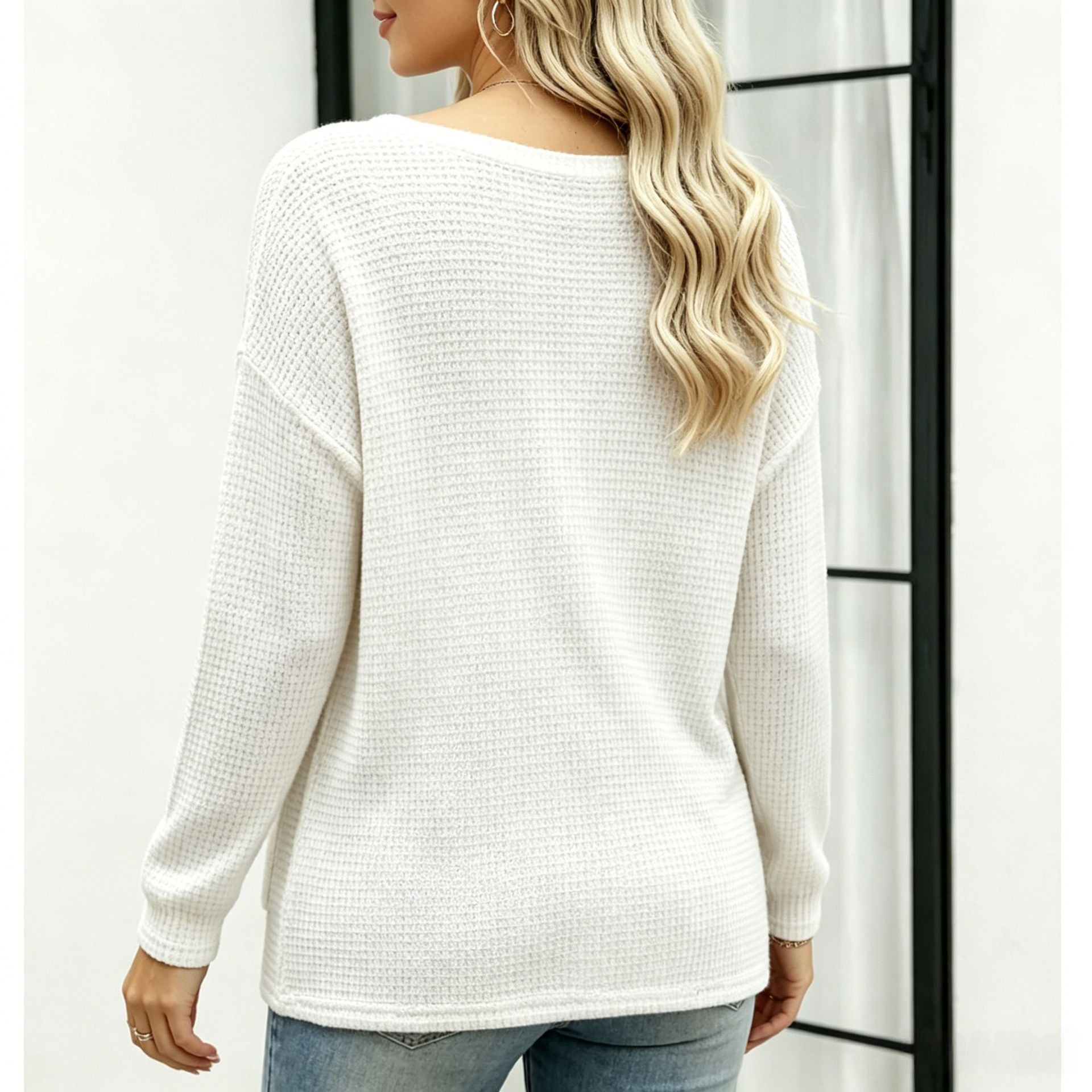 Women's V-Neck Knit Sweater with Pockets Loose Fit Pullover Top
