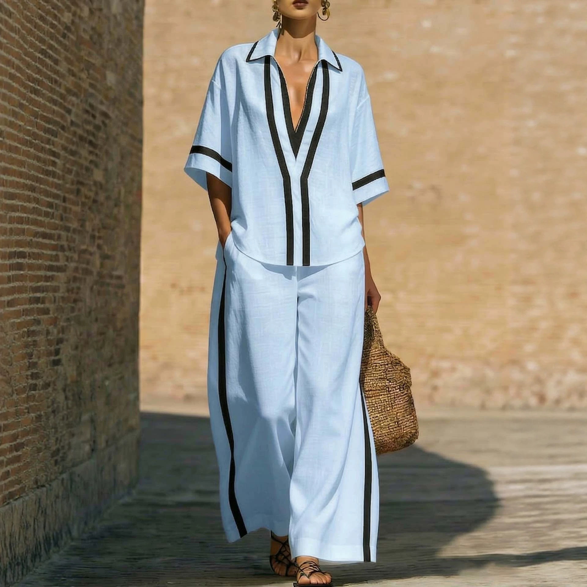 V-Neck Colorblock Shirt & Pants Set