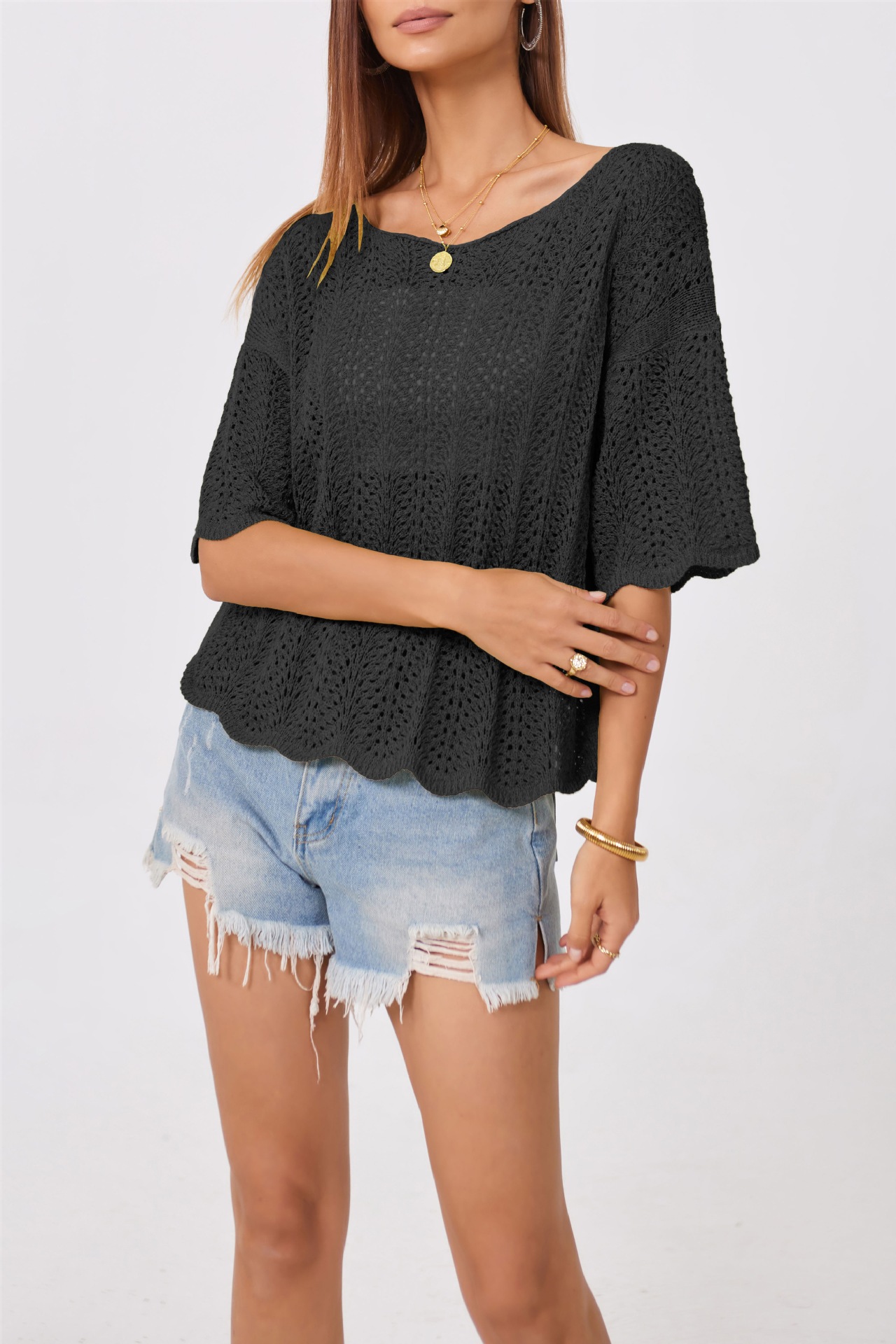 Women's Loose Hollow-Out Knit Crewneck Top