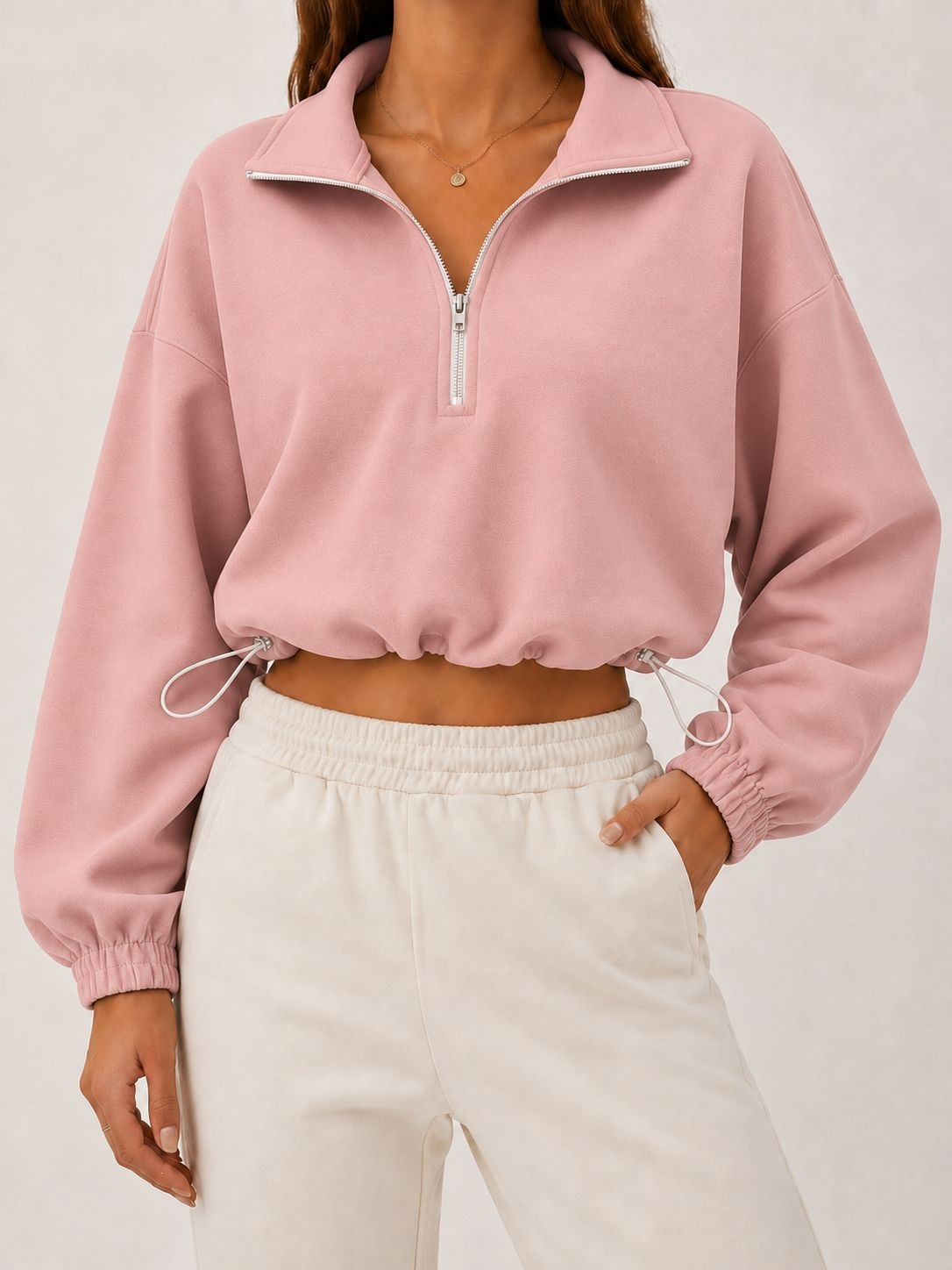 Women's Solid Half-Zip Collared Cropped Hoodie with Drawstring Waist