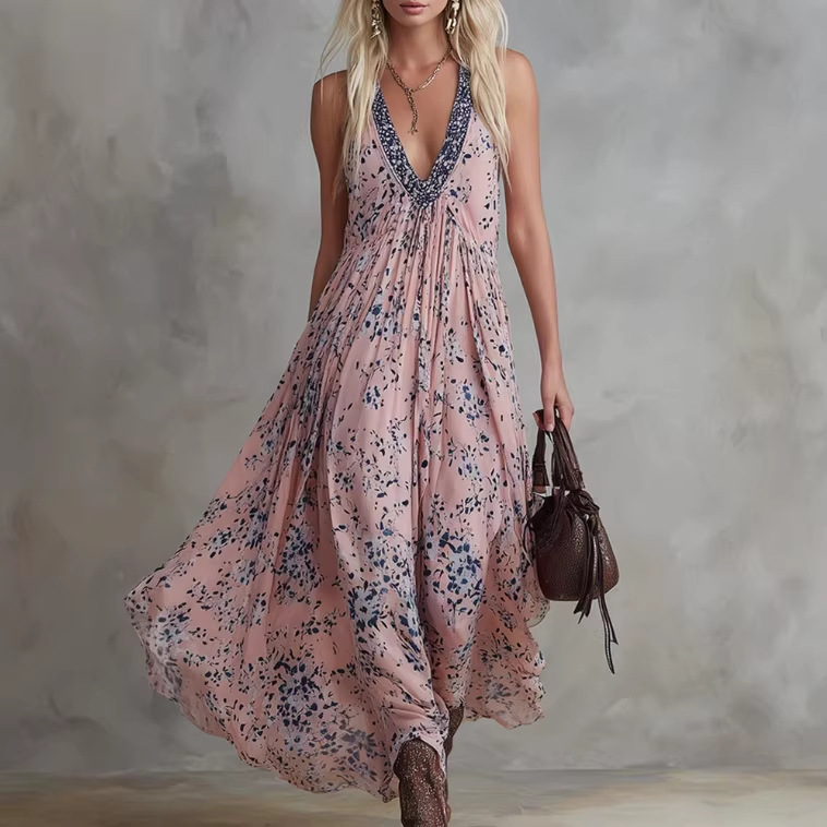 Vintage Floral Print Pink Chiffon V-Neck Long Dress