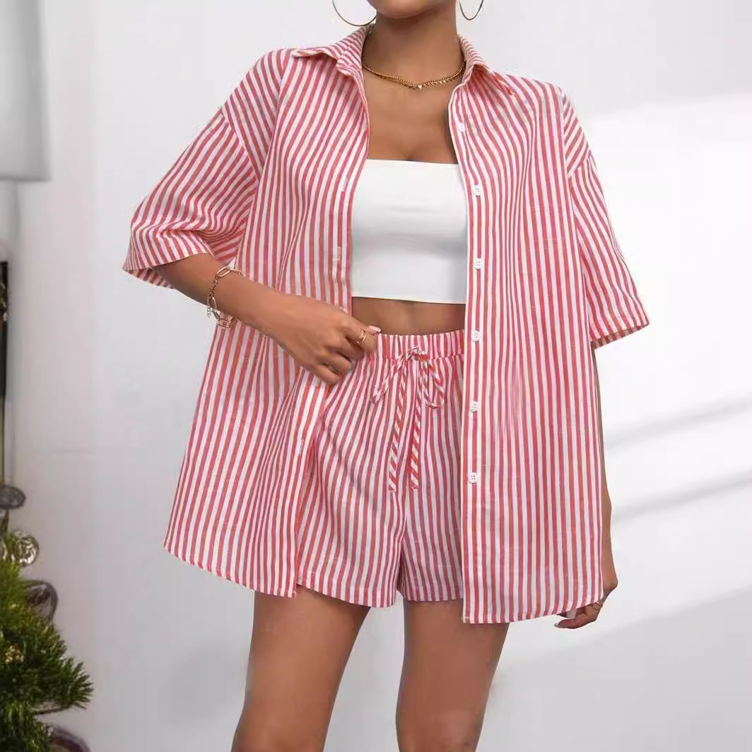 Striped Lapel Short-Sleeve Top and Shorts Two-Piece Set