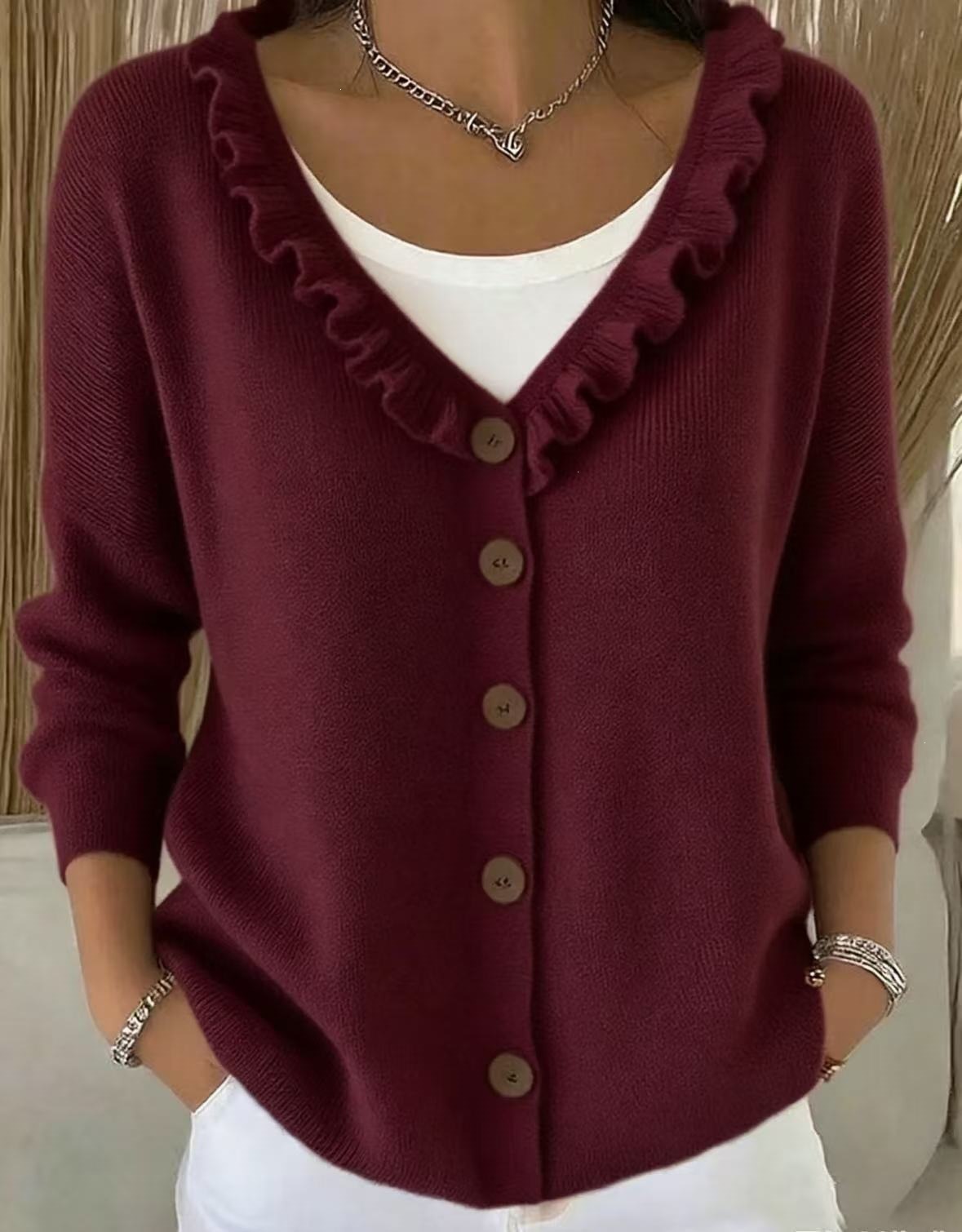 Ruffled Knit Cardigan Single-Breasted Loose Fit Sweater Coat for Women