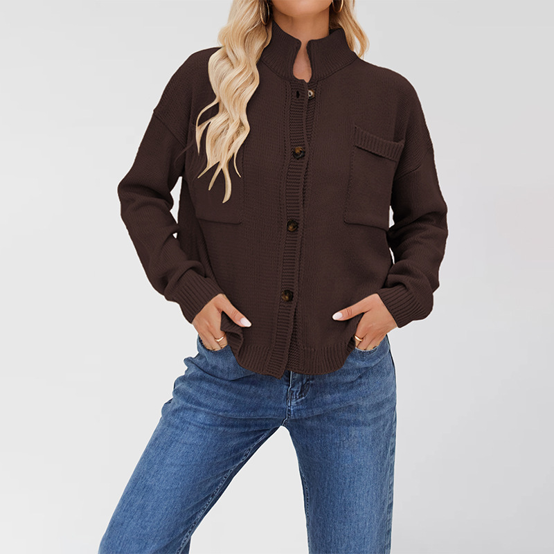 Women's Knit Stand Collar Cardigan Sweater Plus Size Solid Color