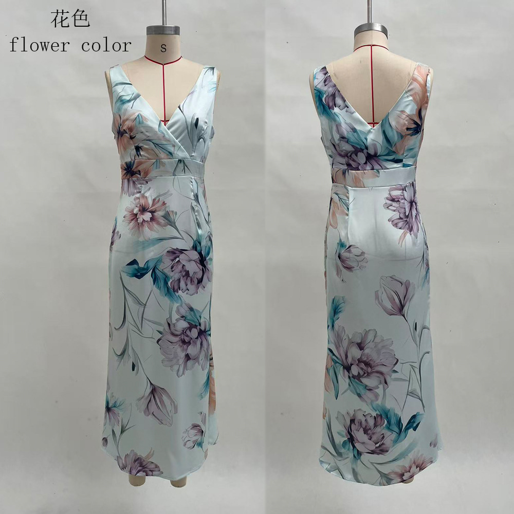 Women's High Waist Bodycon Long Dress with Floral Print and Open Back