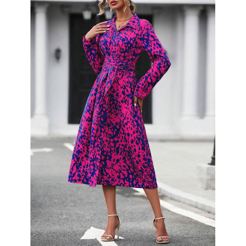 Printed Faux Suede Long Shirt Dress with Polo Collar