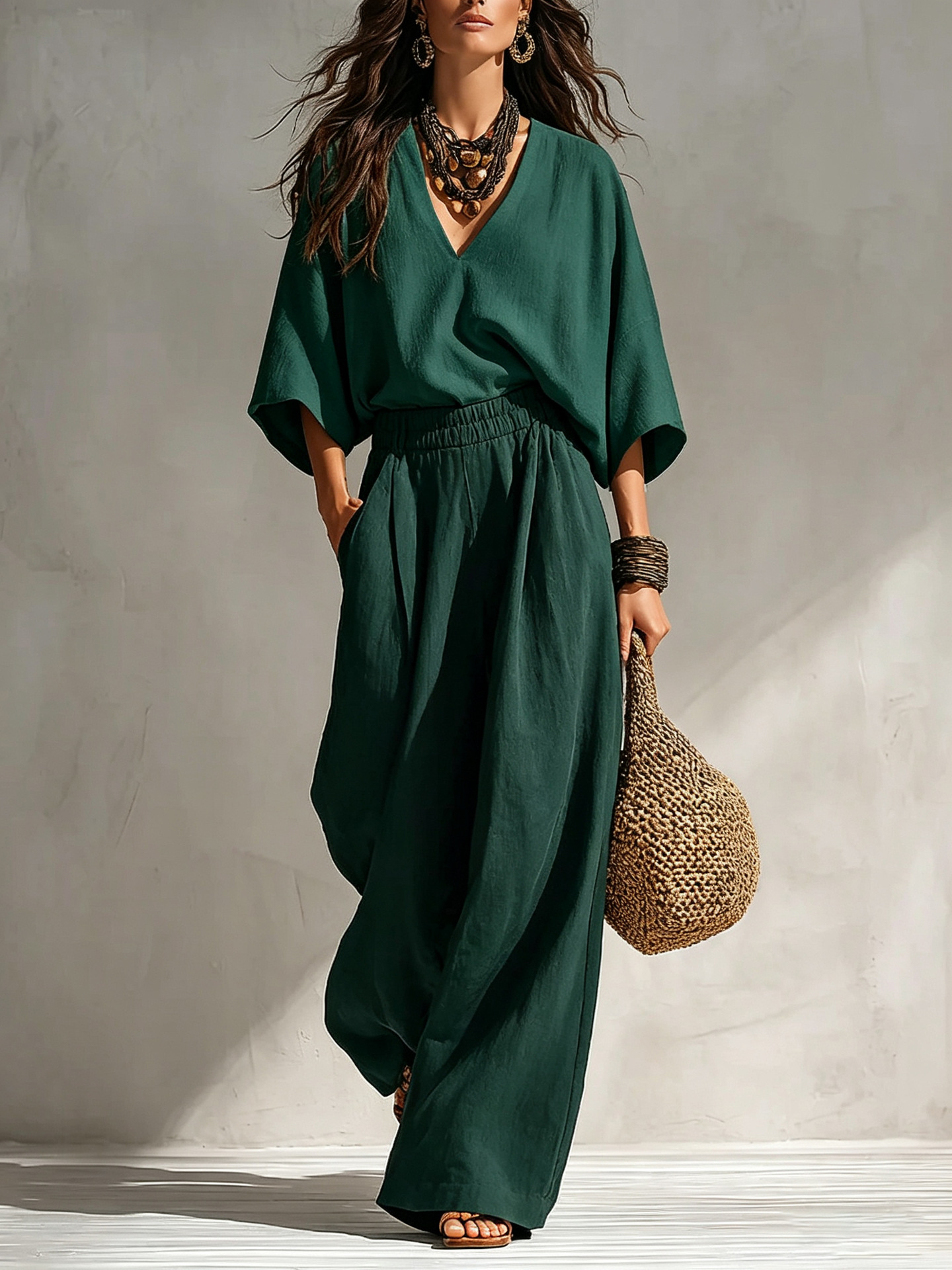 Bohemian Linen-Blend Deep V-Neck Short-Sleeve Wide-Leg Two-Piece Set