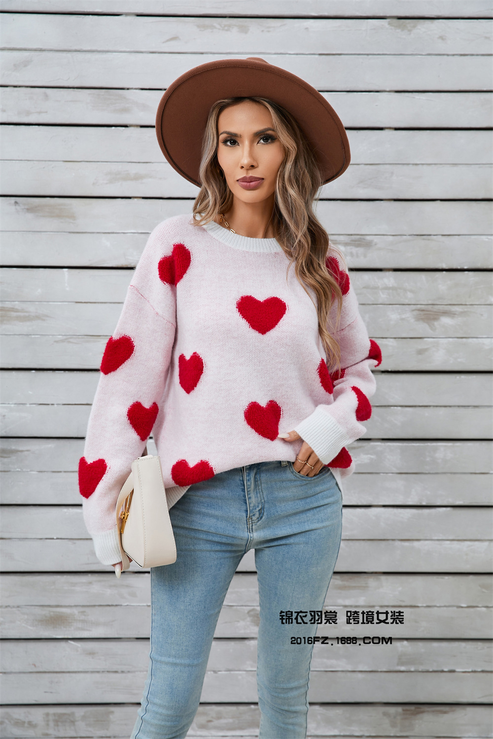 Plus Size Heart Knit Sweater Long Sleeve Pullover
