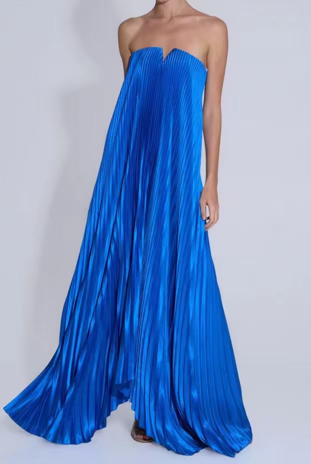 Pink Orange-Red Floral Strapless Pleated Maxi Dress