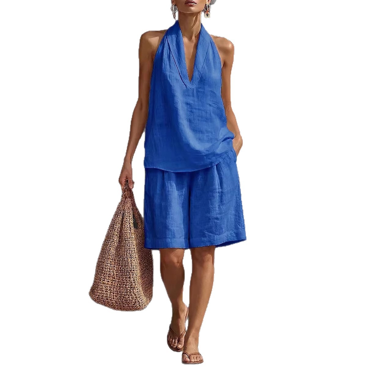 Women's Cotton-Linen Sleeveless Tank and Shorts Set Casual Summer Outfit