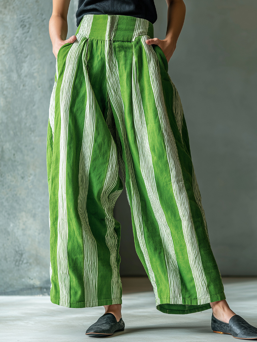 Striped Linen-Blend Wide-Leg Pants for Women, Relaxed Fit, High Waist