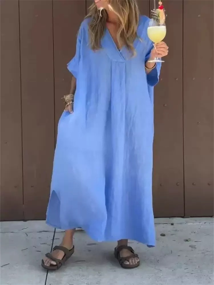 Women's Casual Short Sleeve V-Neck Solid Color Long Dress