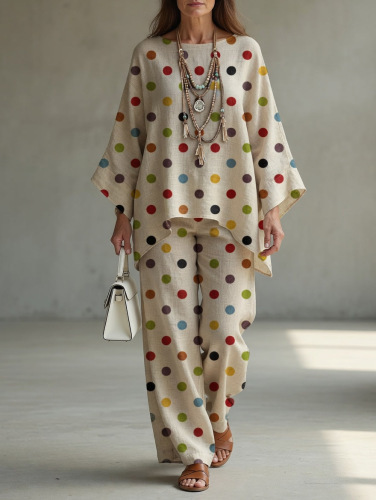 Printed Round Neck Top and Wide-Leg Pants Casual Two-Piece Set