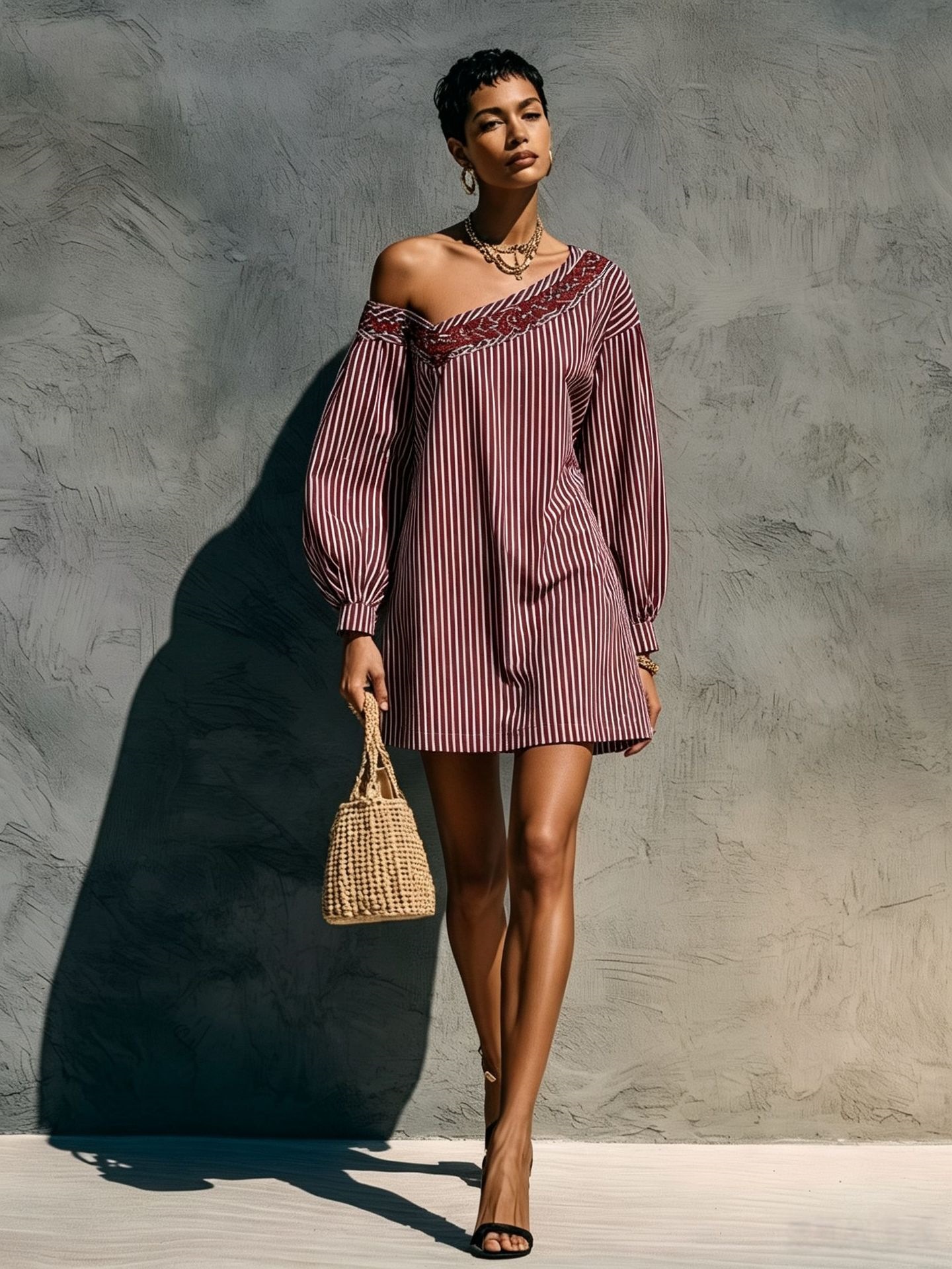 Striped One-Shoulder Long-Sleeve Embroidered Mini Dress