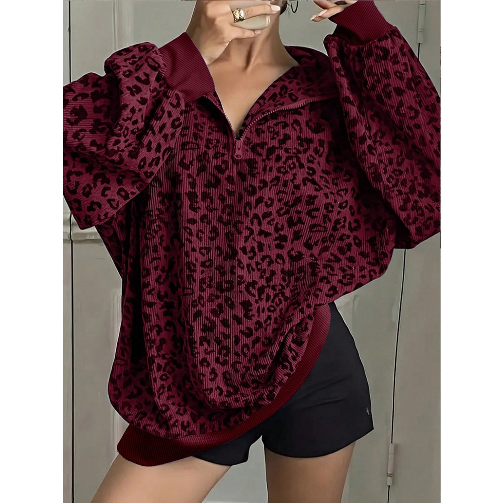 Leopard Print Loose Fit Pullover Sweatshirt with Collar