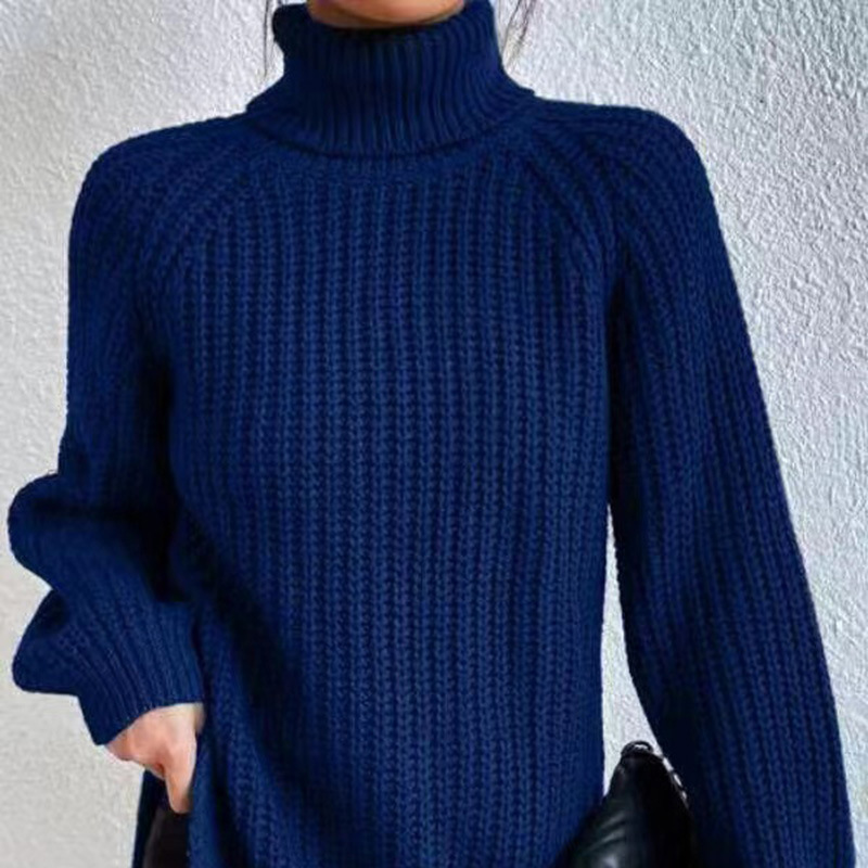Women's High Neck Midi Knit Sweater with Raglan Sleeves and Side Slit
