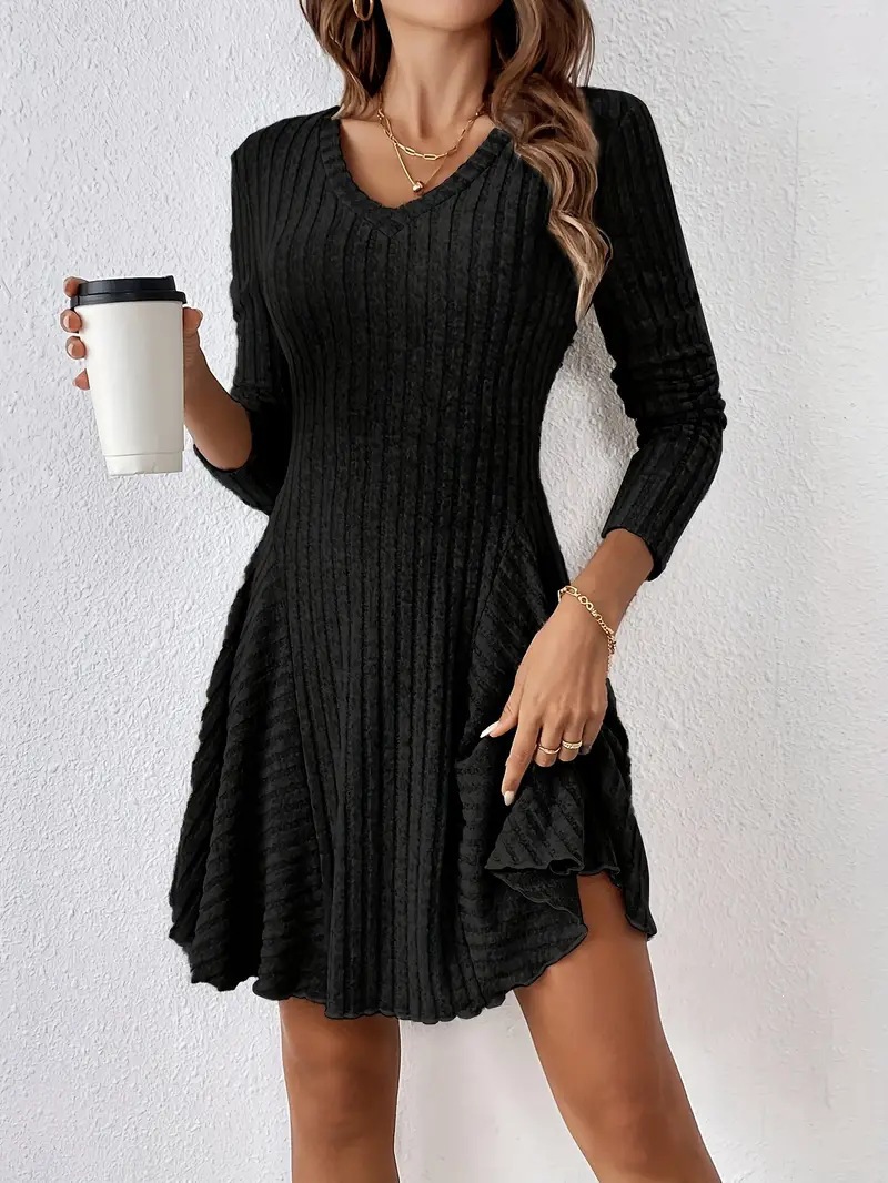 Elegant Knit V-Neck Long Sleeve A-Line Mini Dress