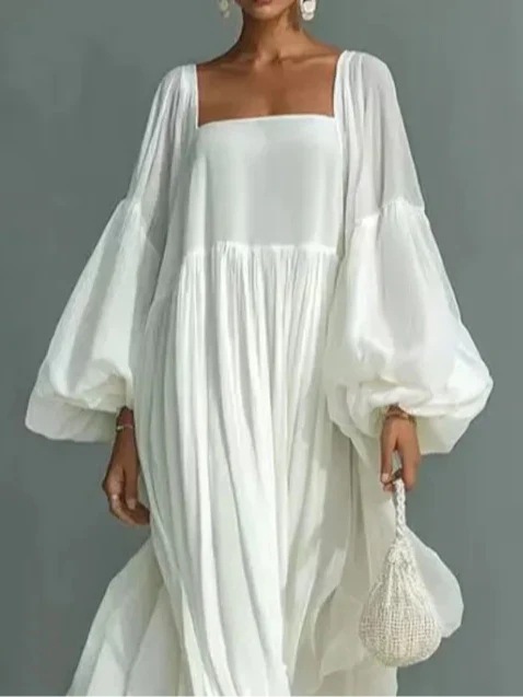 Women's Loose Flowy Square Neck Lantern Sleeve Maxi Dress