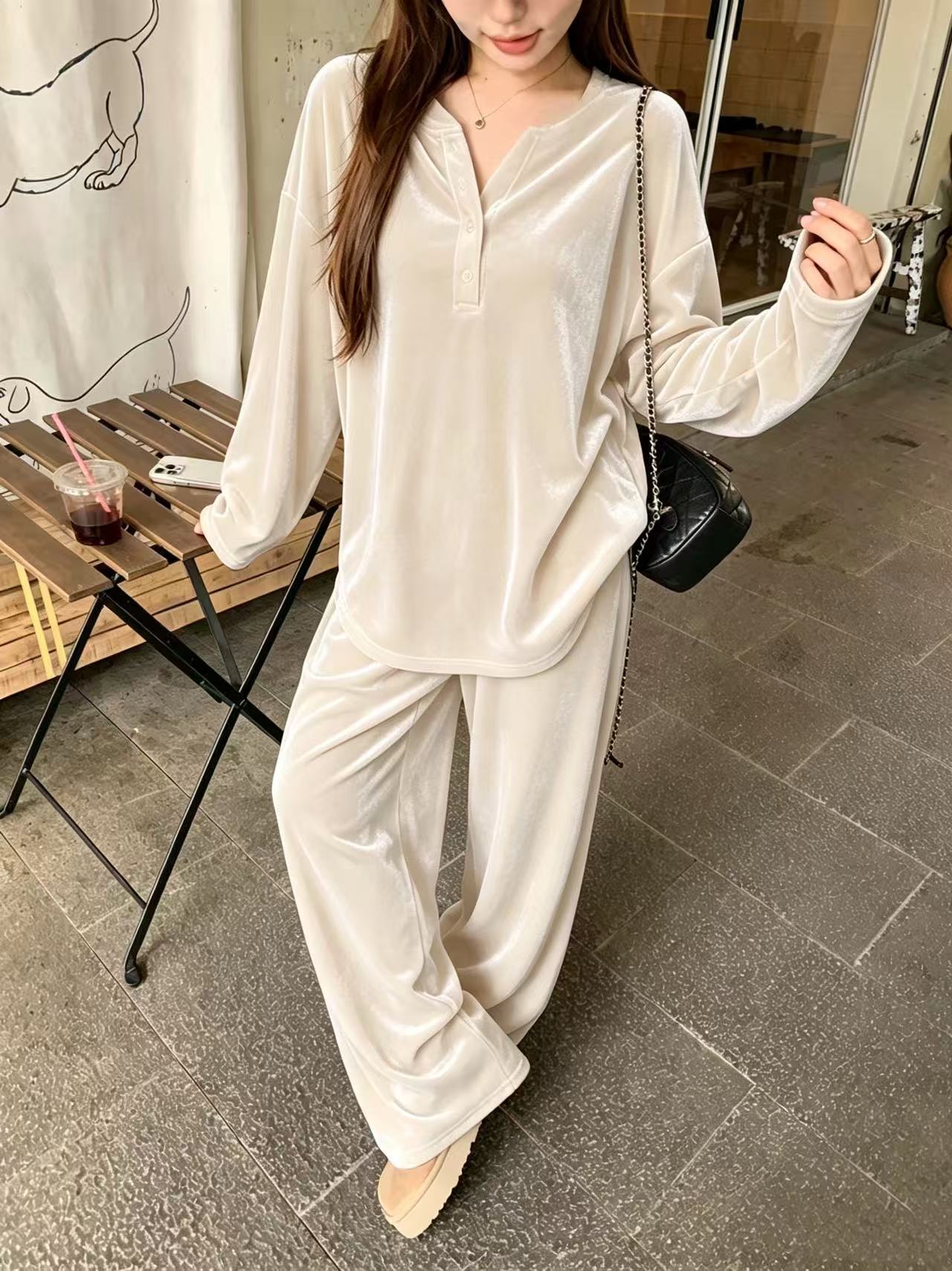 Solid Button Drawstring Loose Long-Sleeve Women's Pants Set