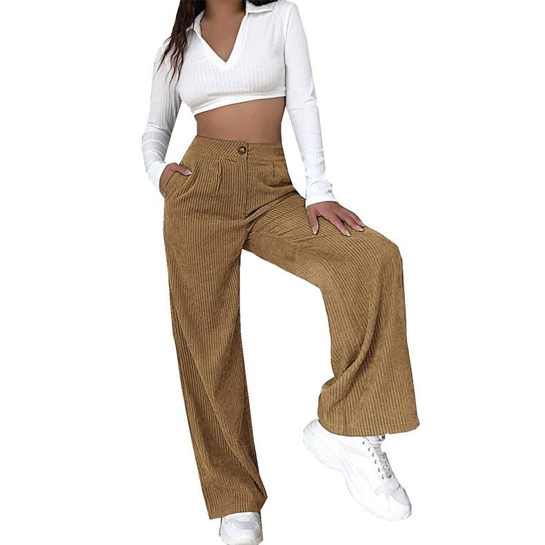 Women's High-Waist Corduroy Straight-Leg Pants Solid Color Casual Trousers