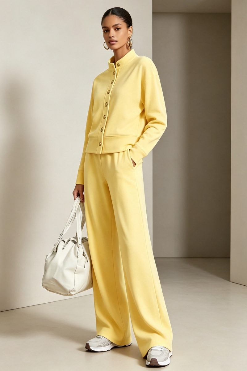 Women's Solid Stand-Collar Cardigan Hoodie & Wide-Leg Pants Set