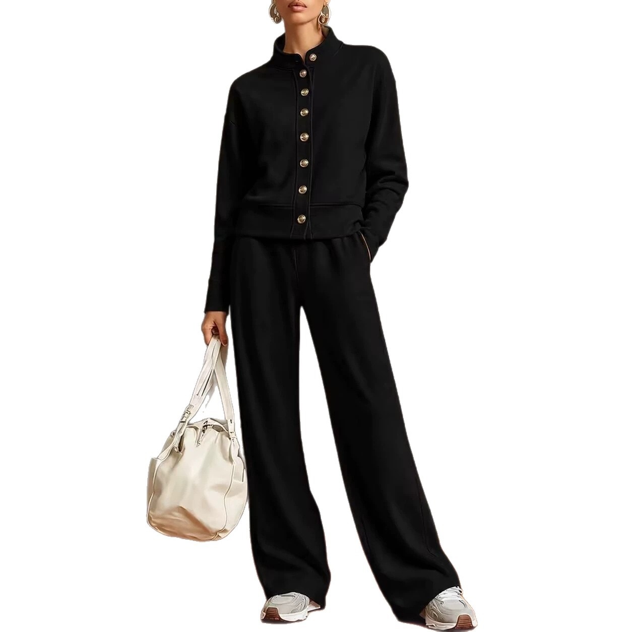 Solid Stand Collar Cardigan Hoodie & Wide-Leg Pants Set
