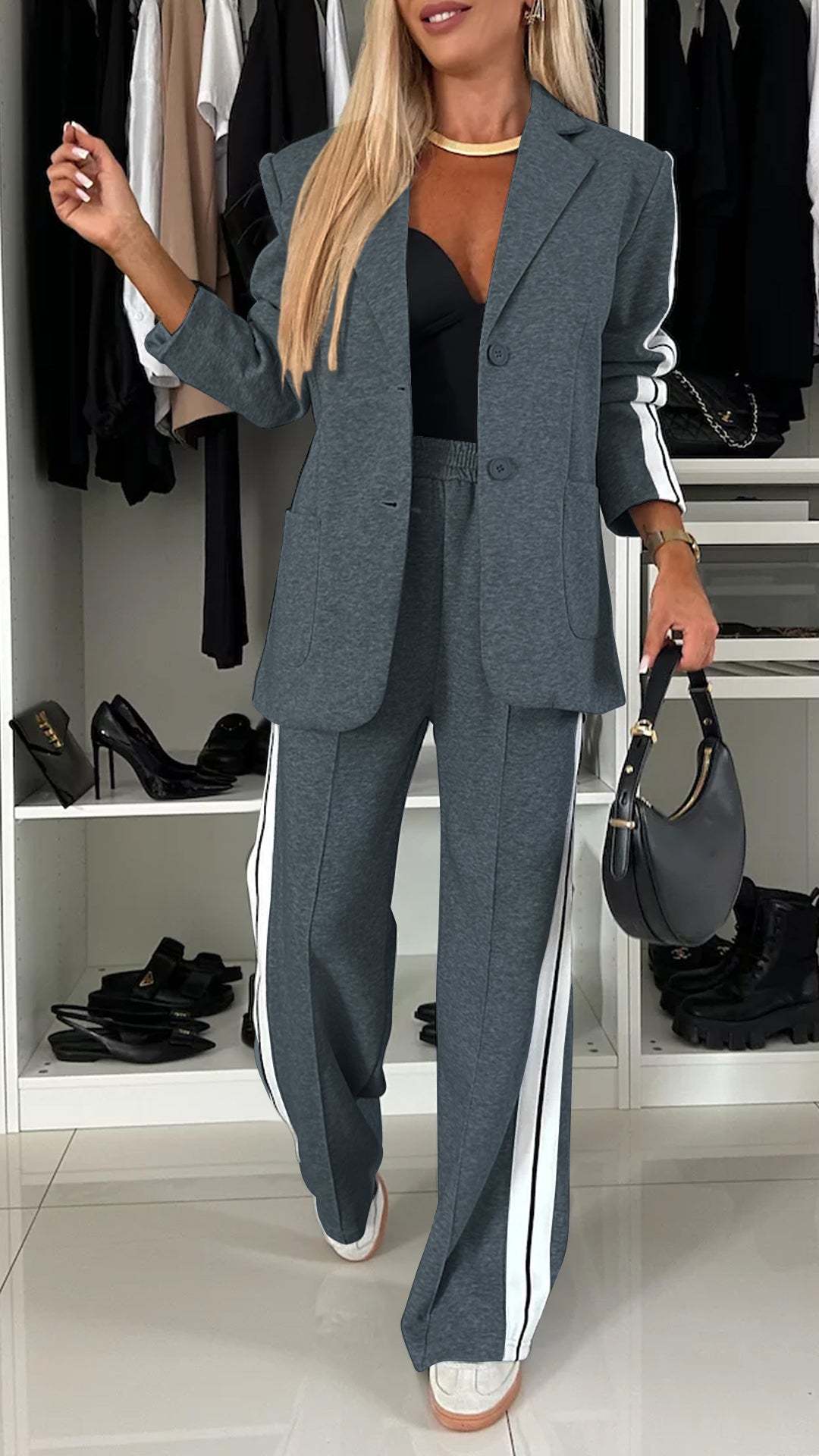 Women's Long Sleeve Collared Casual Blazer Pants Set