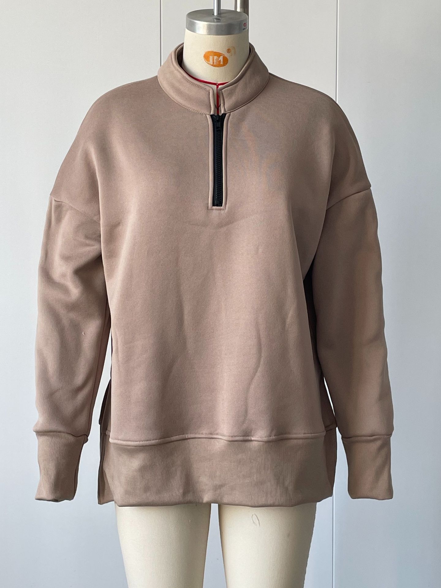 Side Slit Half-Zip Collared Solid Color Pullover Sweatshirt for Women