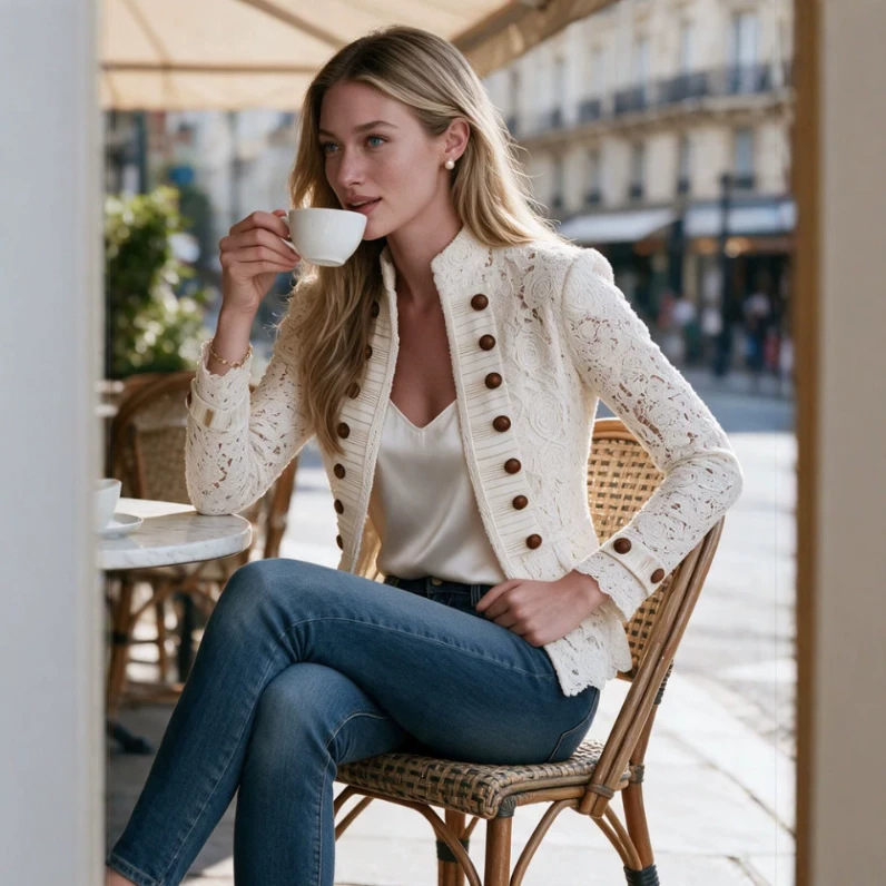 Retro White Lace Double-Breasted Jacket with Stand Collar