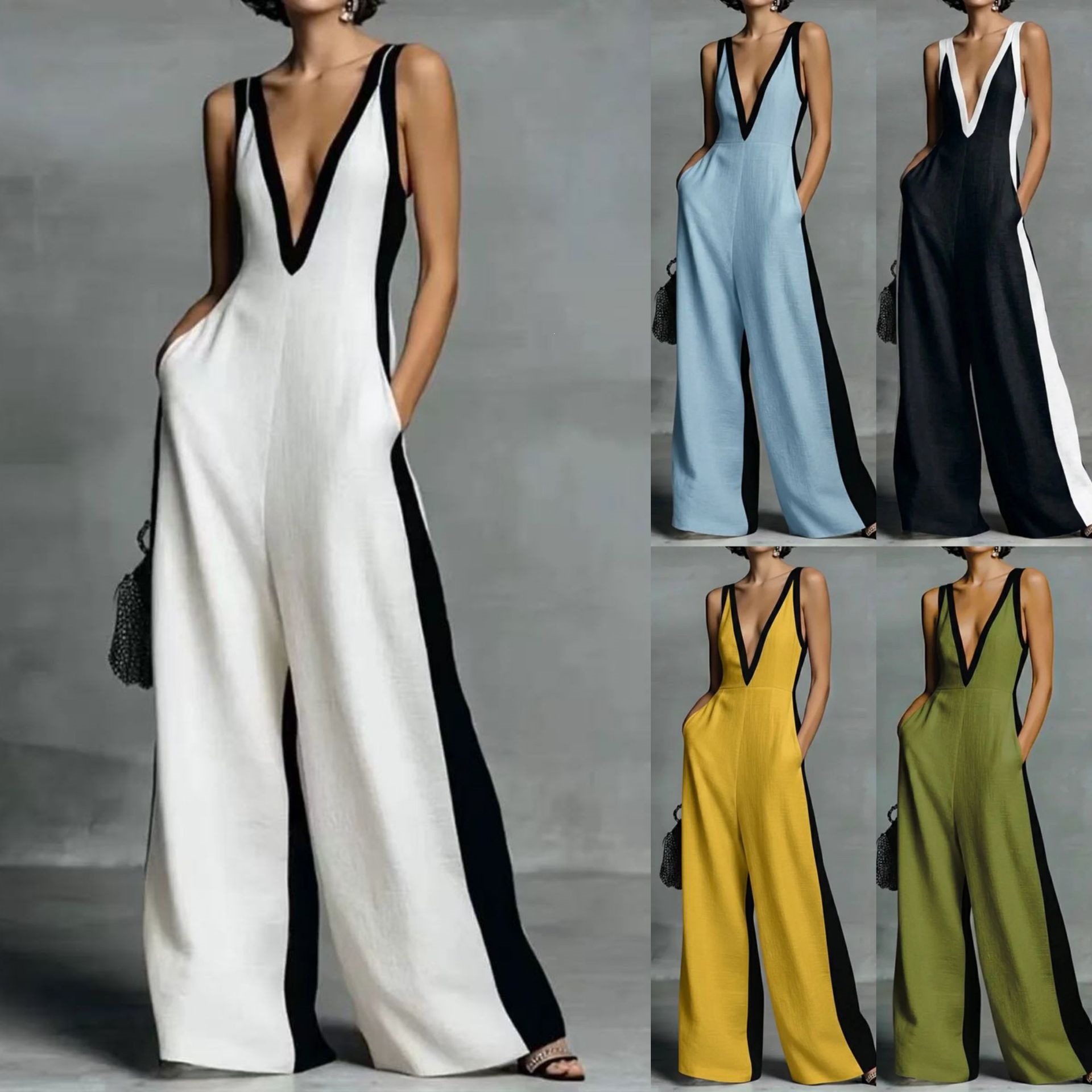 Deep V-Neck Colorblock Wide-Leg Jumpsuit