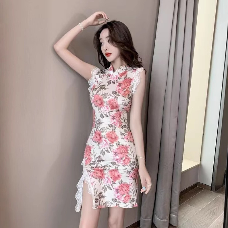 Chinese-Style Floral Print Cheongsam Dress with Waist and Slit