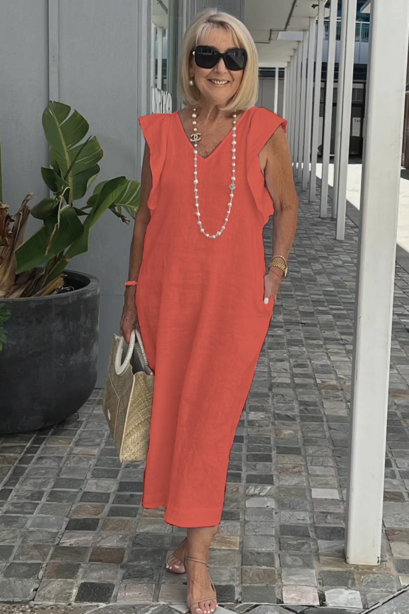 Women's Summer Cotton-Linen Dress with Back Tie and Flutter Sleeves