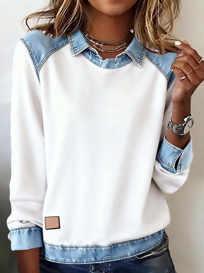 Women's Colorblock Denim Collar Knit Pullover Sweater