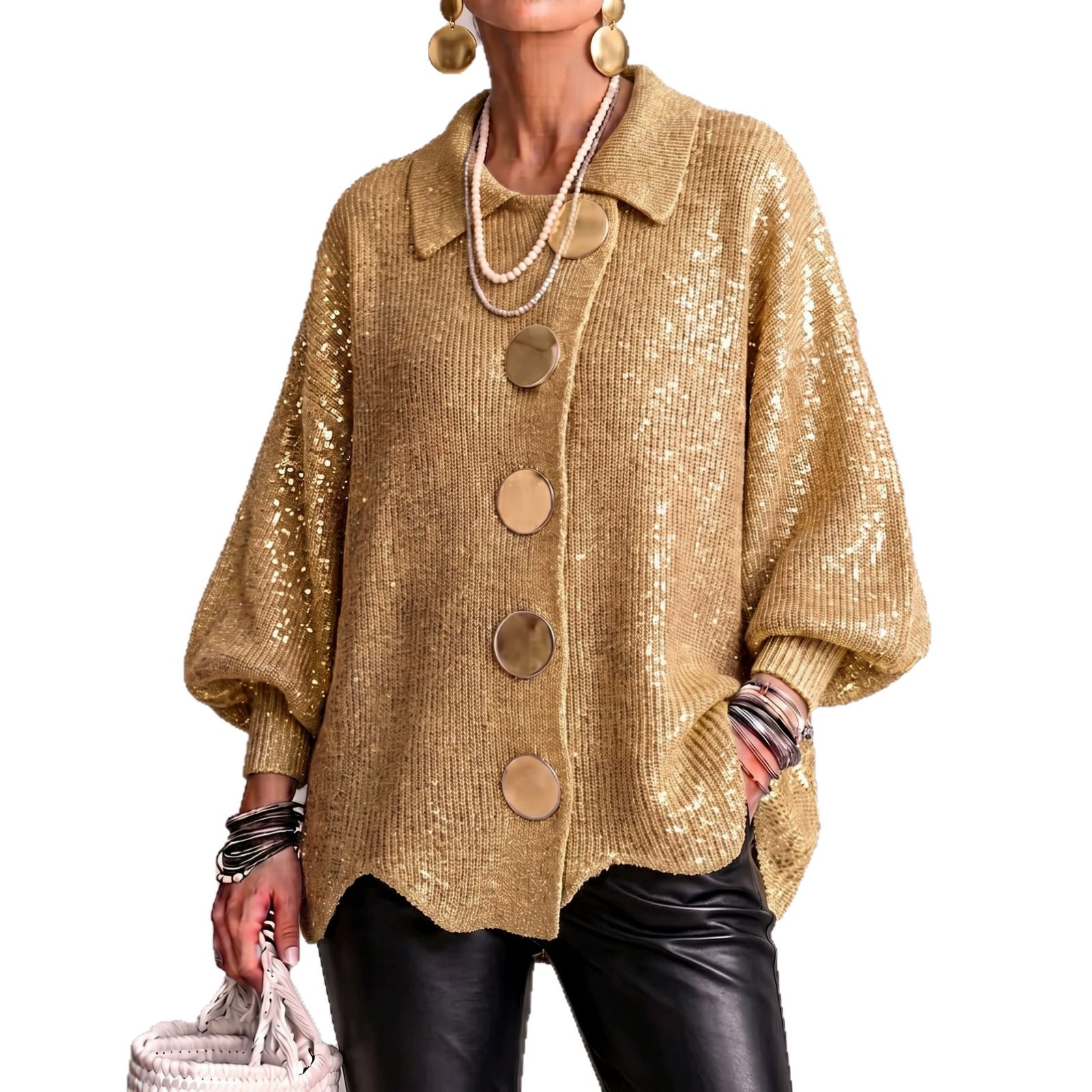 Oversized Knit Cardigan with Lapel Collar and Large Metal Buttons