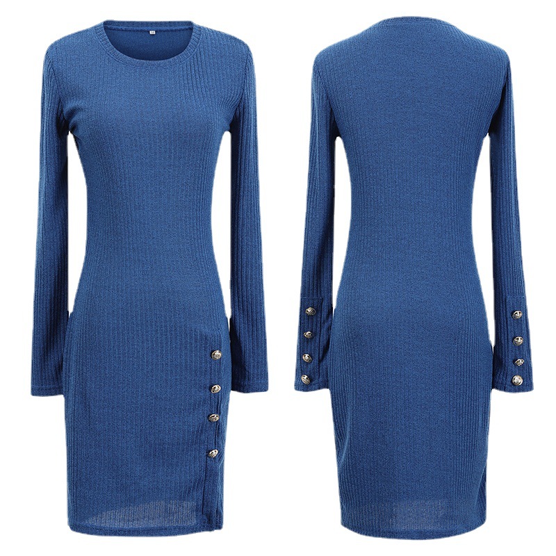Women's Ribbed Button Bodycon Midi Dress Long Sleeve Crew Neck